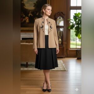 Studio I Vintage Tan Faux Suede Embroidered Jacket & Talbots Black Skirt Set 12